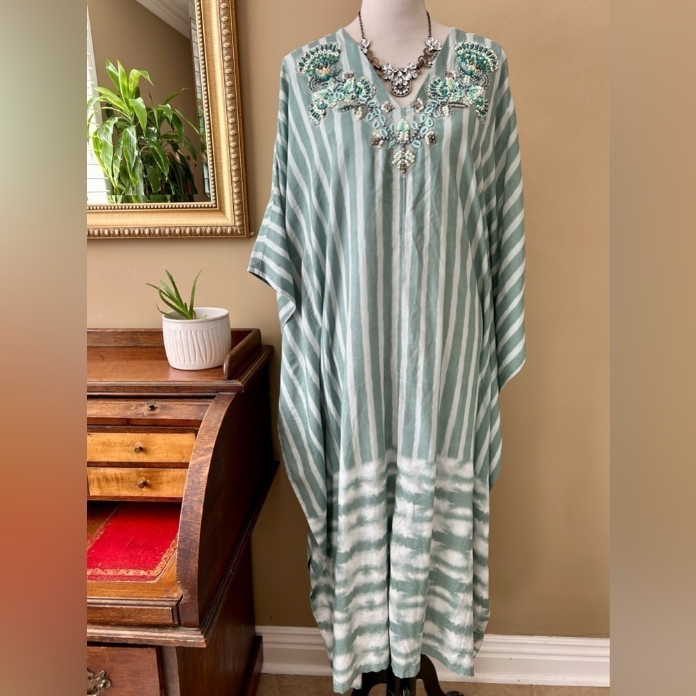 Soft Surroundings Harbor Caftan Kaftan Teal Stripe Beaded Sequin Cover-up Maxi - Picture 4 of 10